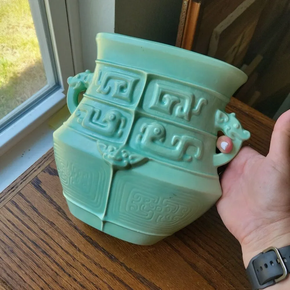 Vtg Studio Art Pottery Urn Vase Dragon Handled Mayan Motif Signed Meryl RARE MCM
